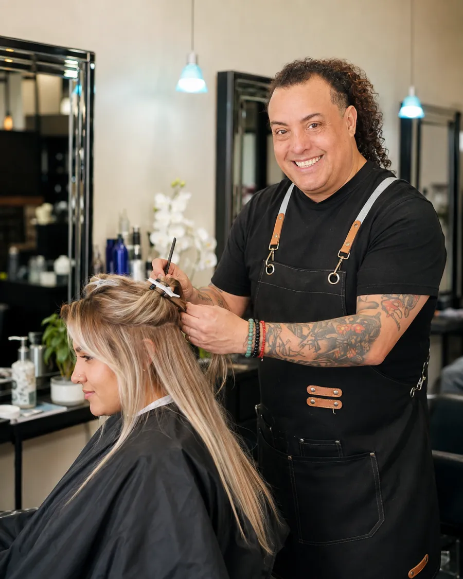 Charly Estilista aplicando color y mechas a una clienta en su salón de Austell, GA